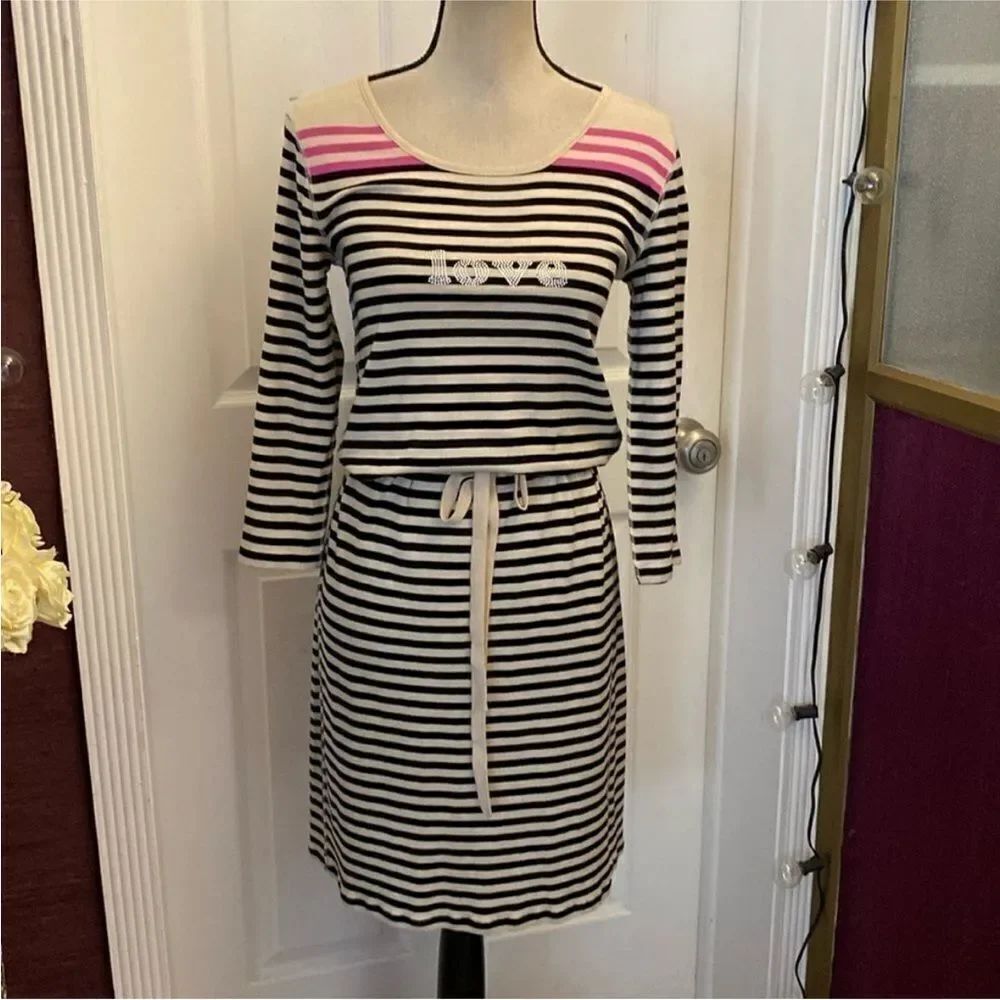 Sonia Rykiel Striped Long Sleeve Dress with Pink Accents, L
